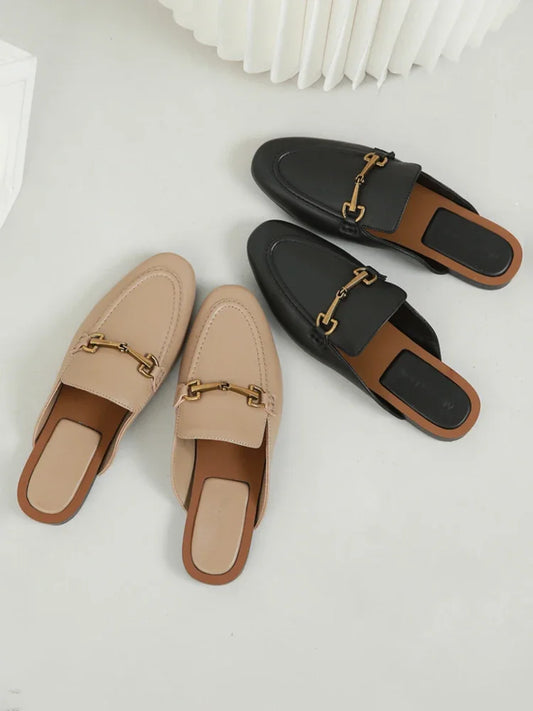 2024 New Spring Summer Fashion Buckle Design Women  Shoes Genuine Leather Flat Shoes Loafers Mules Simple Casual Women