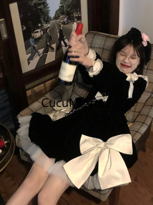 2023 Autumn Kawaii Lolita Clothing Woman Vintage Black Y2k Mini Dress Japanese Cute Fashion Dress Bow Slim Short Party Dress