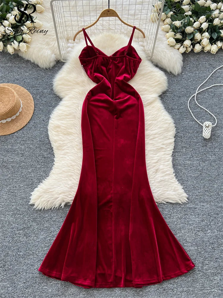 Evening Party Dress Spaghetti Strap Strapless Diamonds Design Women Elegant Fashion Bodycon Velvet Long Dress