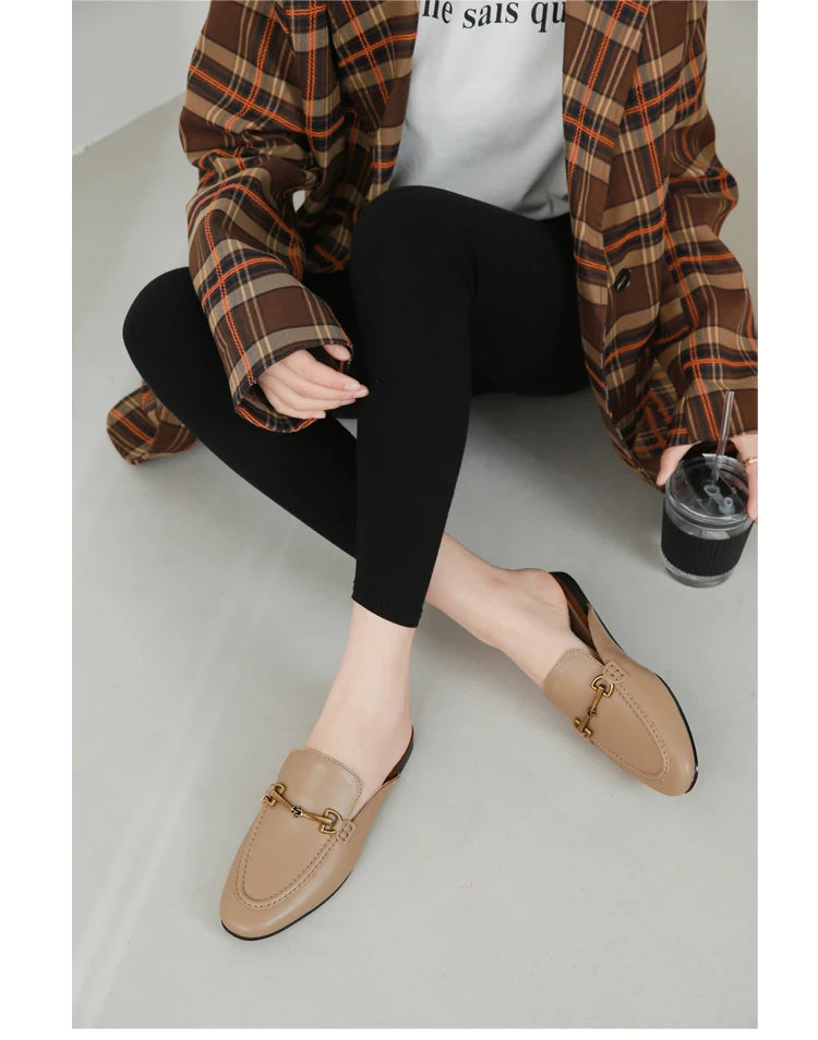 2024 New Spring Summer Fashion Buckle Design Women  Shoes Genuine Leather Flat Shoes Loafers Mules Simple Casual Women