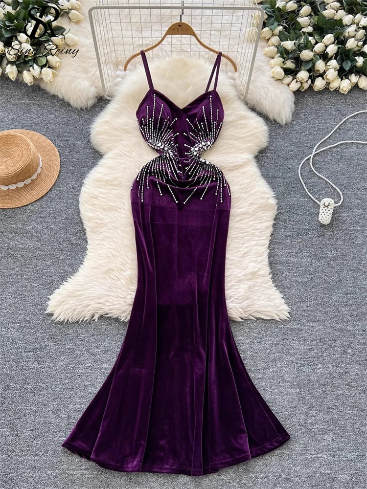 Evening Party Dress Spaghetti Strap Strapless Diamonds Design Women Elegant Fashion Bodycon Velvet Long Dress