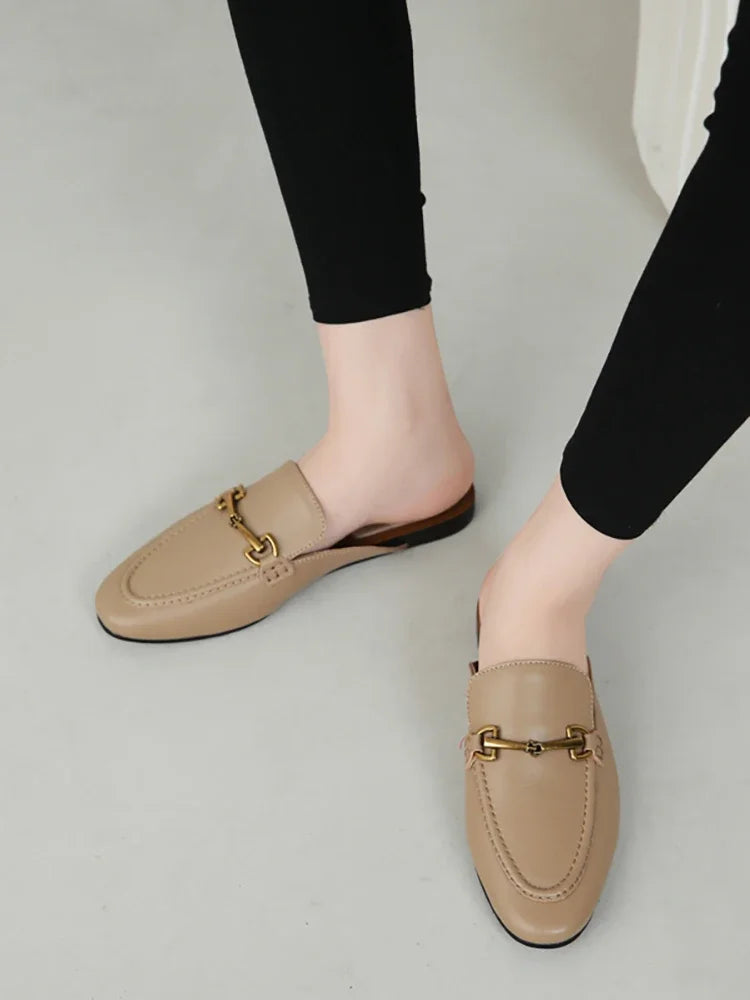 2024 New Spring Summer Fashion Buckle Design Women  Shoes Genuine Leather Flat Shoes Loafers Mules Simple Casual Women