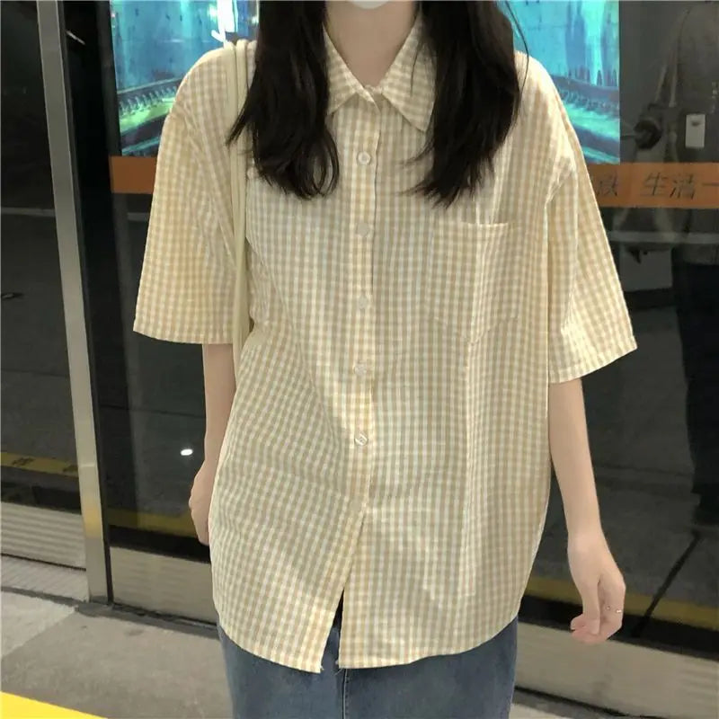 2023 Women's Clothing Elegant Fashion Office Lady Loose Turn-down Collar Short Sleeve Plaid Button Thin Summer Neutral Blouses