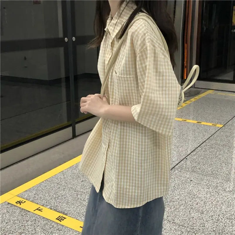 2023 Women's Clothing Elegant Fashion Office Lady Loose Turn-down Collar Short Sleeve Plaid Button Thin Summer Neutral Blouses