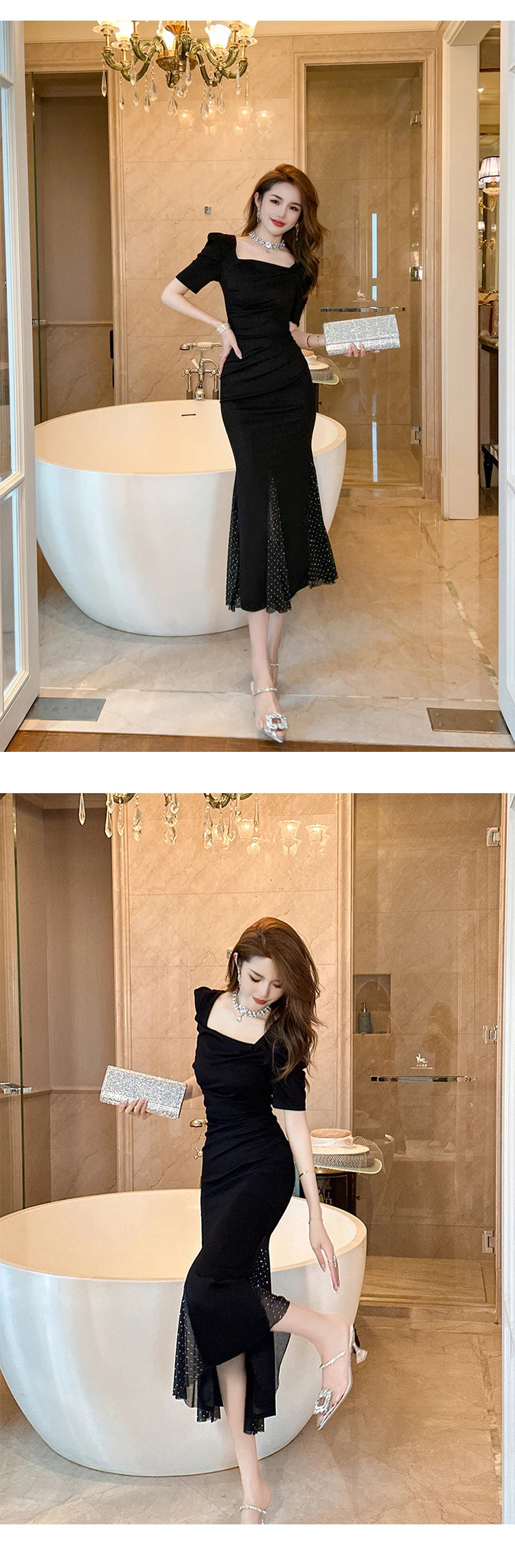 2023 Women Fashion French Retro Maxi Dress Woman Black Puff Sleeves Skinny Fishtail Robe Party Vestidos Prom Banquet Gown Femme