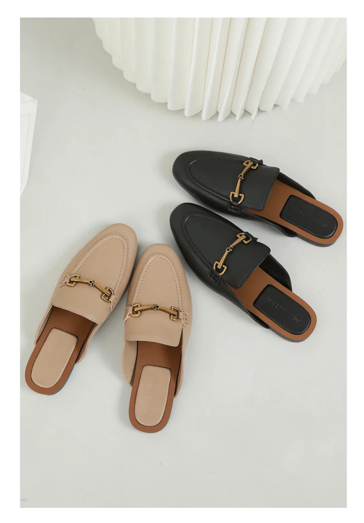 2024 New Spring Summer Fashion Buckle Design Women  Shoes Genuine Leather Flat Shoes Loafers Mules Simple Casual Women