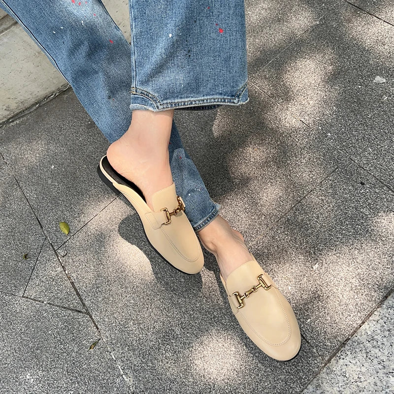 2024 New Spring Summer Fashion Buckle Design Women  Shoes Genuine Leather Flat Shoes Loafers Mules Simple Casual Women