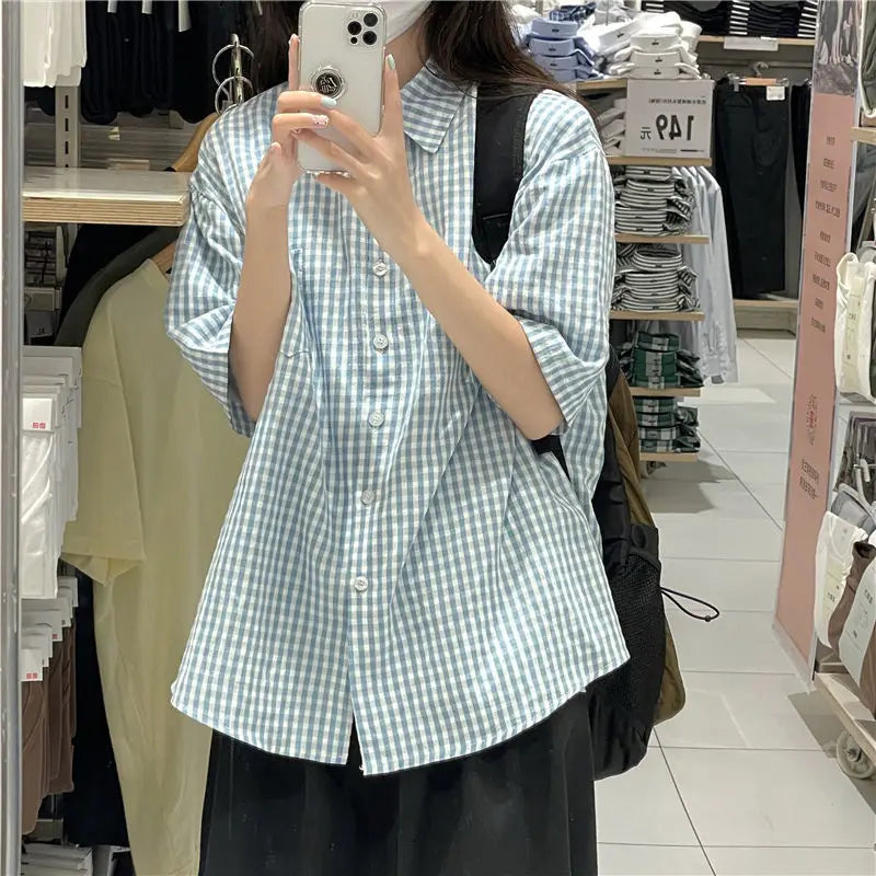 2023 Women's Clothing Elegant Fashion Office Lady Loose Turn-down Collar Short Sleeve Plaid Button Thin Summer Neutral Blouses