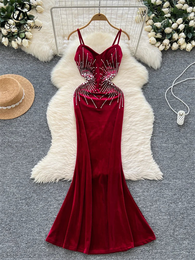 Evening Party Dress Spaghetti Strap Strapless Diamonds Design Women Elegant Fashion Bodycon Velvet Long Dress