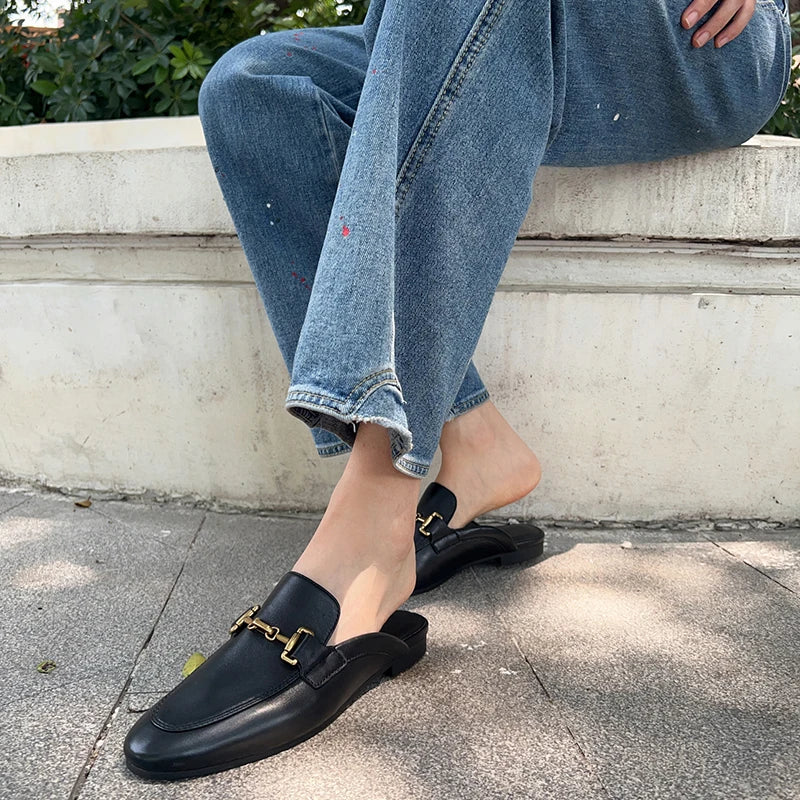 2024 New Spring Summer Fashion Buckle Design Women  Shoes Genuine Leather Flat Shoes Loafers Mules Simple Casual Women