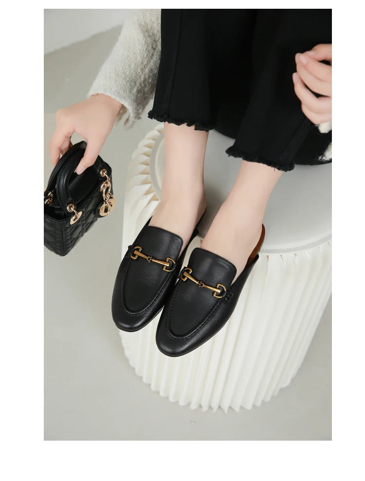 2024 New Spring Summer Fashion Buckle Design Women  Shoes Genuine Leather Flat Shoes Loafers Mules Simple Casual Women