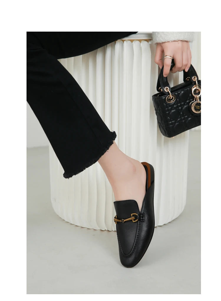 2024 New Spring Summer Fashion Buckle Design Women  Shoes Genuine Leather Flat Shoes Loafers Mules Simple Casual Women