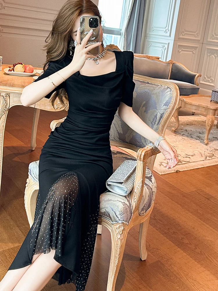 2023 Women Fashion French Retro Maxi Dress Woman Black Puff Sleeves Skinny Fishtail Robe Party Vestidos Prom Banquet Gown Femme