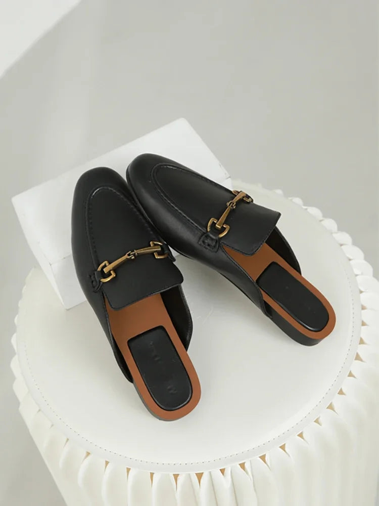 2024 New Spring Summer Fashion Buckle Design Women  Shoes Genuine Leather Flat Shoes Loafers Mules Simple Casual Women