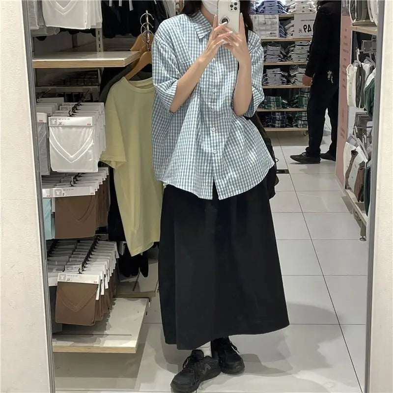 2023 Women's Clothing Elegant Fashion Office Lady Loose Turn-down Collar Short Sleeve Plaid Button Thin Summer Neutral Blouses