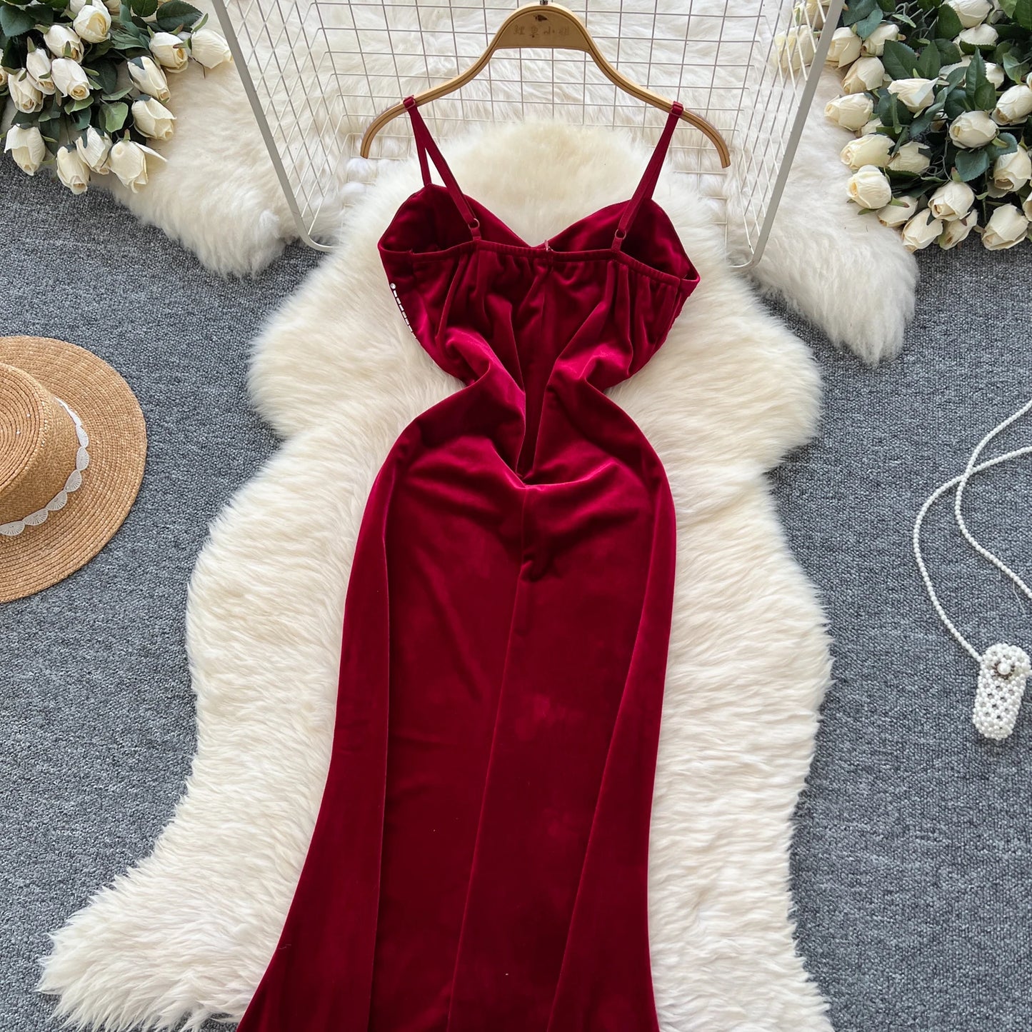 Evening Party Dress Spaghetti Strap Strapless Diamonds Design Women Elegant Fashion Bodycon Velvet Long Dress