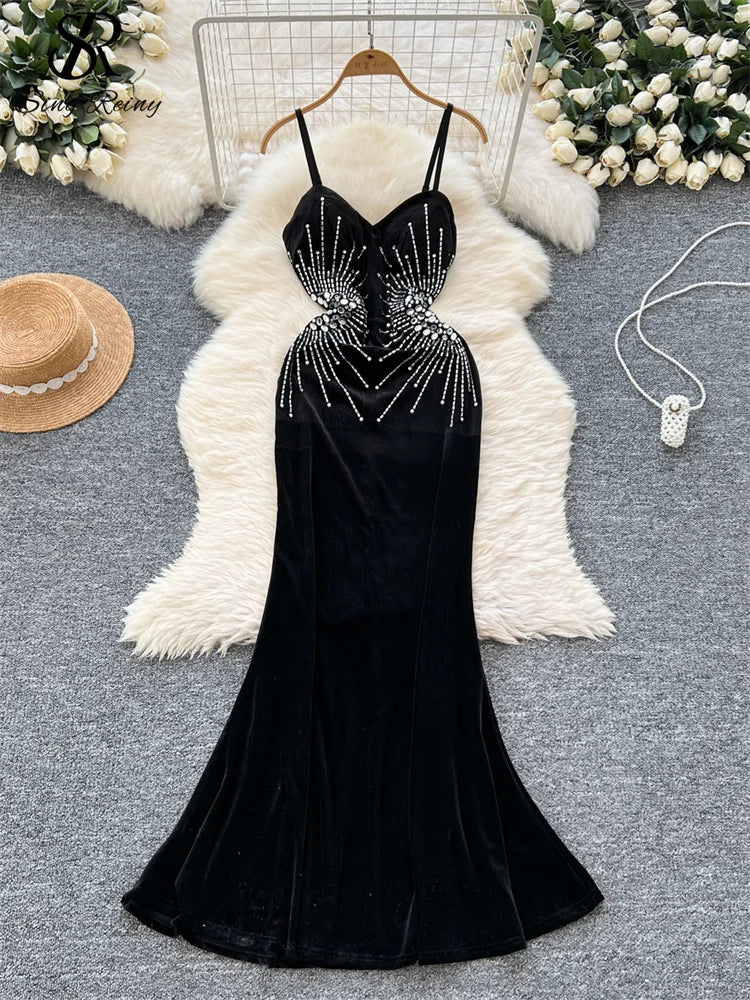 Evening Party Dress Spaghetti Strap Strapless Diamonds Design Women Elegant Fashion Bodycon Velvet Long Dress