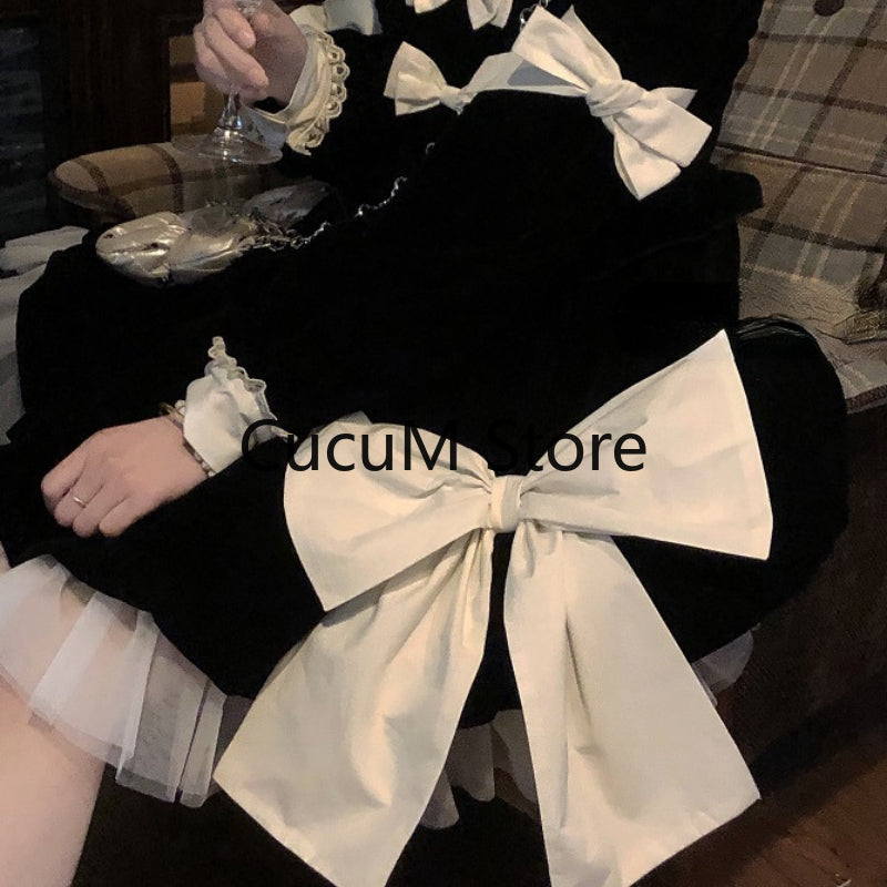 2023 Autumn Kawaii Lolita Clothing Woman Vintage Black Y2k Mini Dress Japanese Cute Fashion Dress Bow Slim Short Party Dress