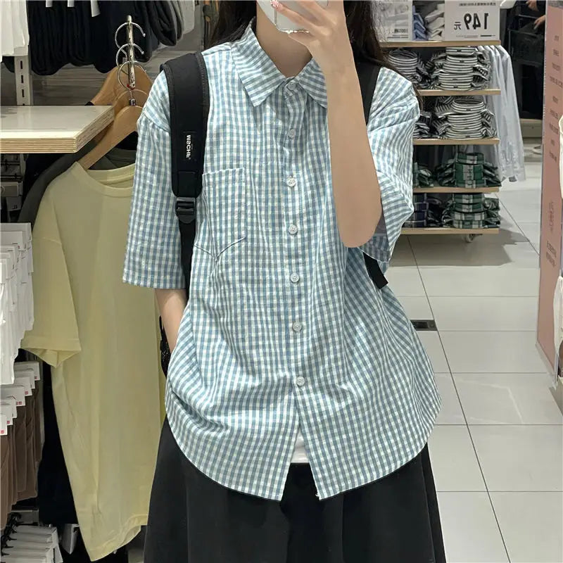 2023 Women's Clothing Elegant Fashion Office Lady Loose Turn-down Collar Short Sleeve Plaid Button Thin Summer Neutral Blouses