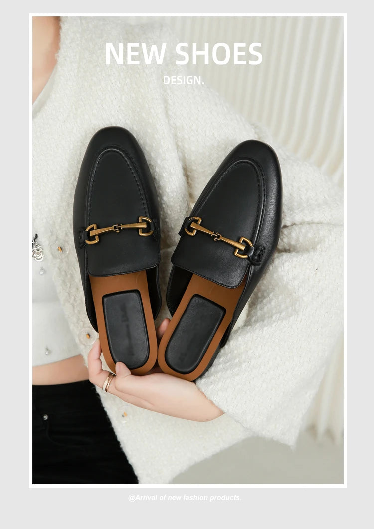 2024 New Spring Summer Fashion Buckle Design Women  Shoes Genuine Leather Flat Shoes Loafers Mules Simple Casual Women