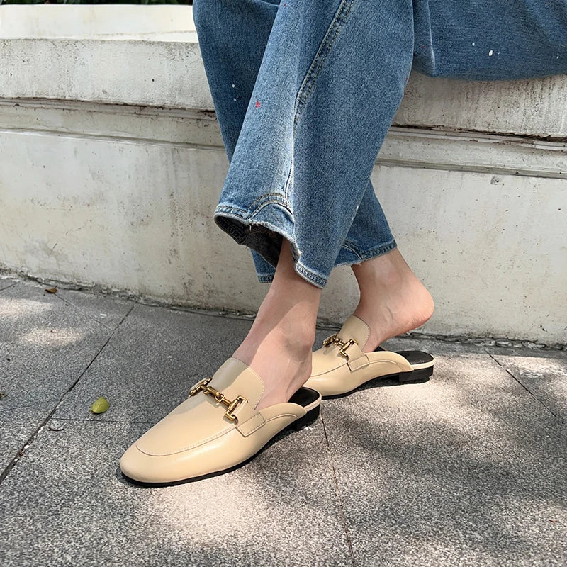 2024 New Spring Summer Fashion Buckle Design Women  Shoes Genuine Leather Flat Shoes Loafers Mules Simple Casual Women