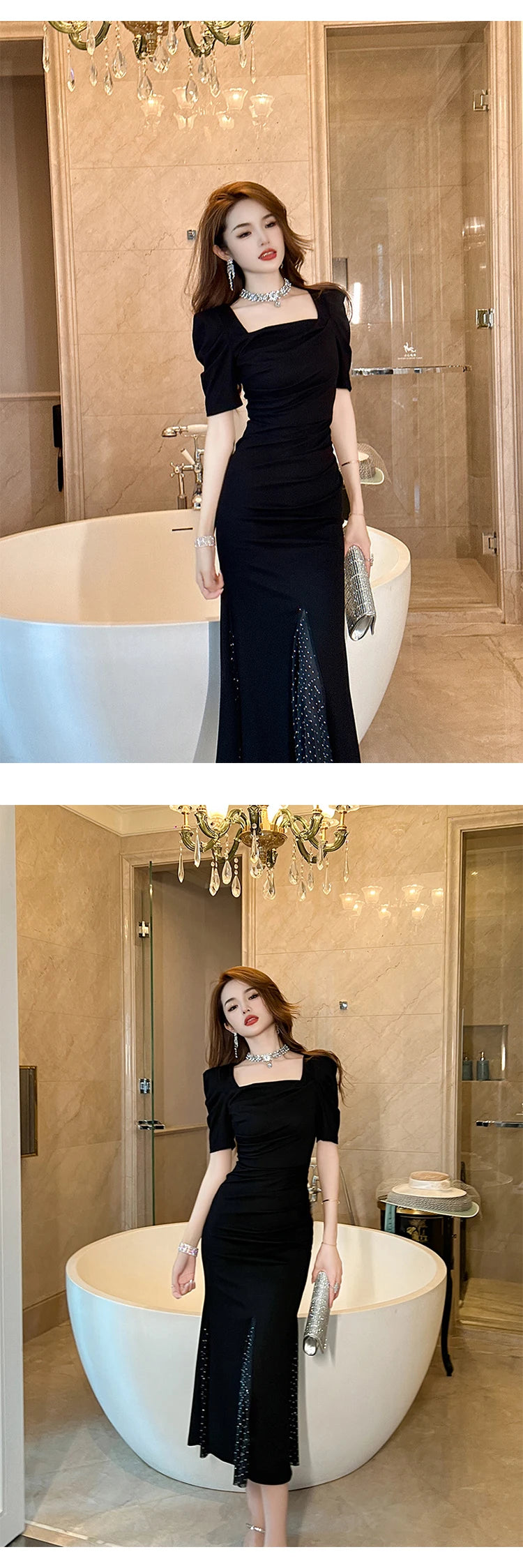 2023 Women Fashion French Retro Maxi Dress Woman Black Puff Sleeves Skinny Fishtail Robe Party Vestidos Prom Banquet Gown Femme