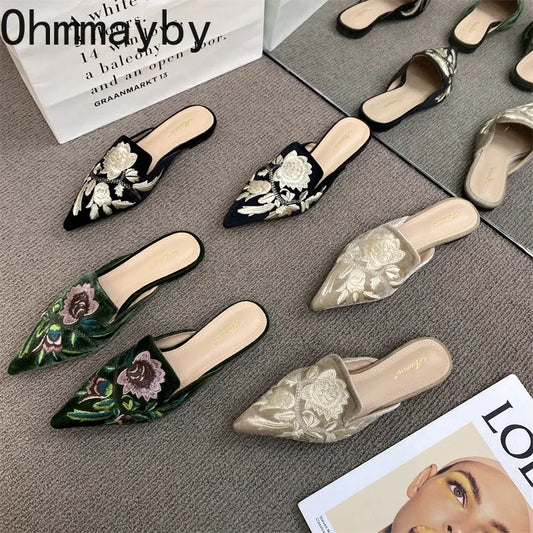 2025 Summers Embroidery Women Mules Slippers Luxury Fashion Elegant Pointed Toe Slides Shoes Ladies Dress Flats Sandalias