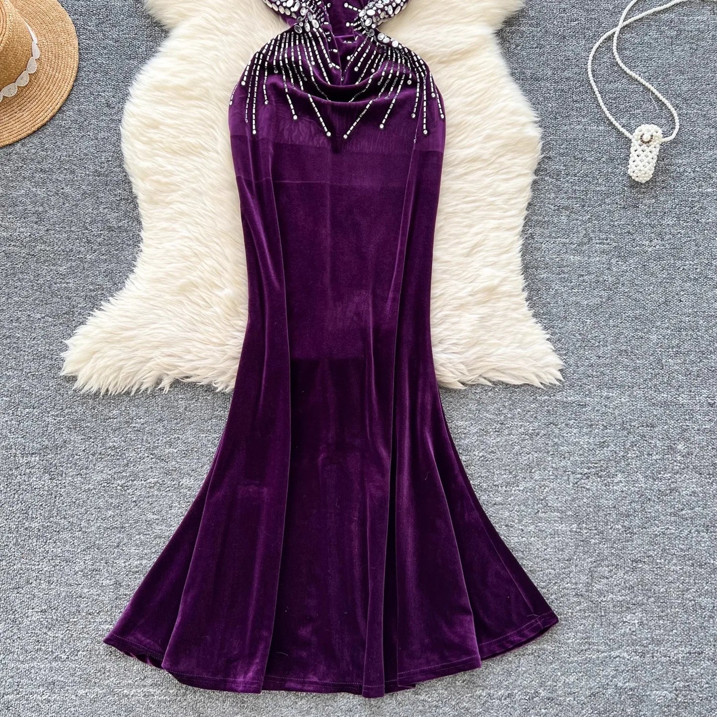 Evening Party Dress Spaghetti Strap Strapless Diamonds Design Women Elegant Fashion Bodycon Velvet Long Dress