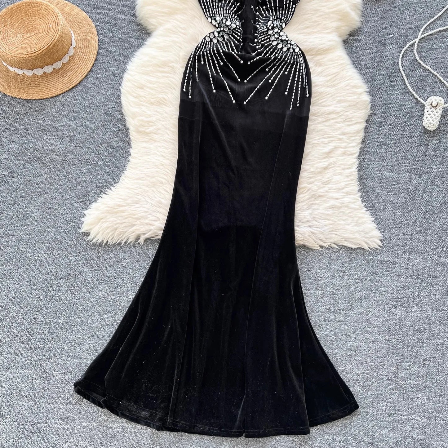 Evening Party Dress Spaghetti Strap Strapless Diamonds Design Women Elegant Fashion Bodycon Velvet Long Dress