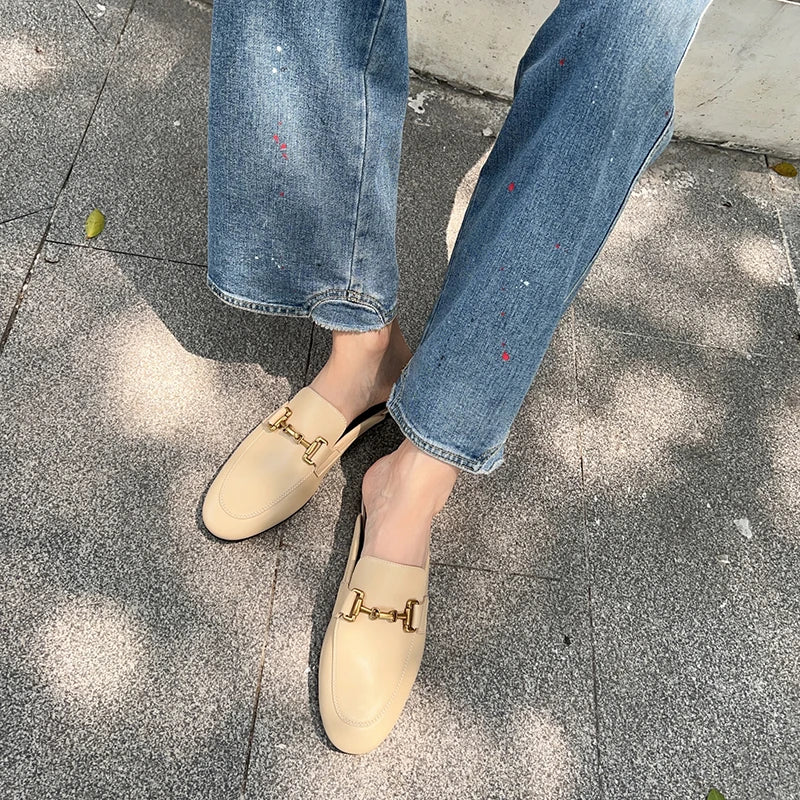 2024 New Spring Summer Fashion Buckle Design Women  Shoes Genuine Leather Flat Shoes Loafers Mules Simple Casual Women