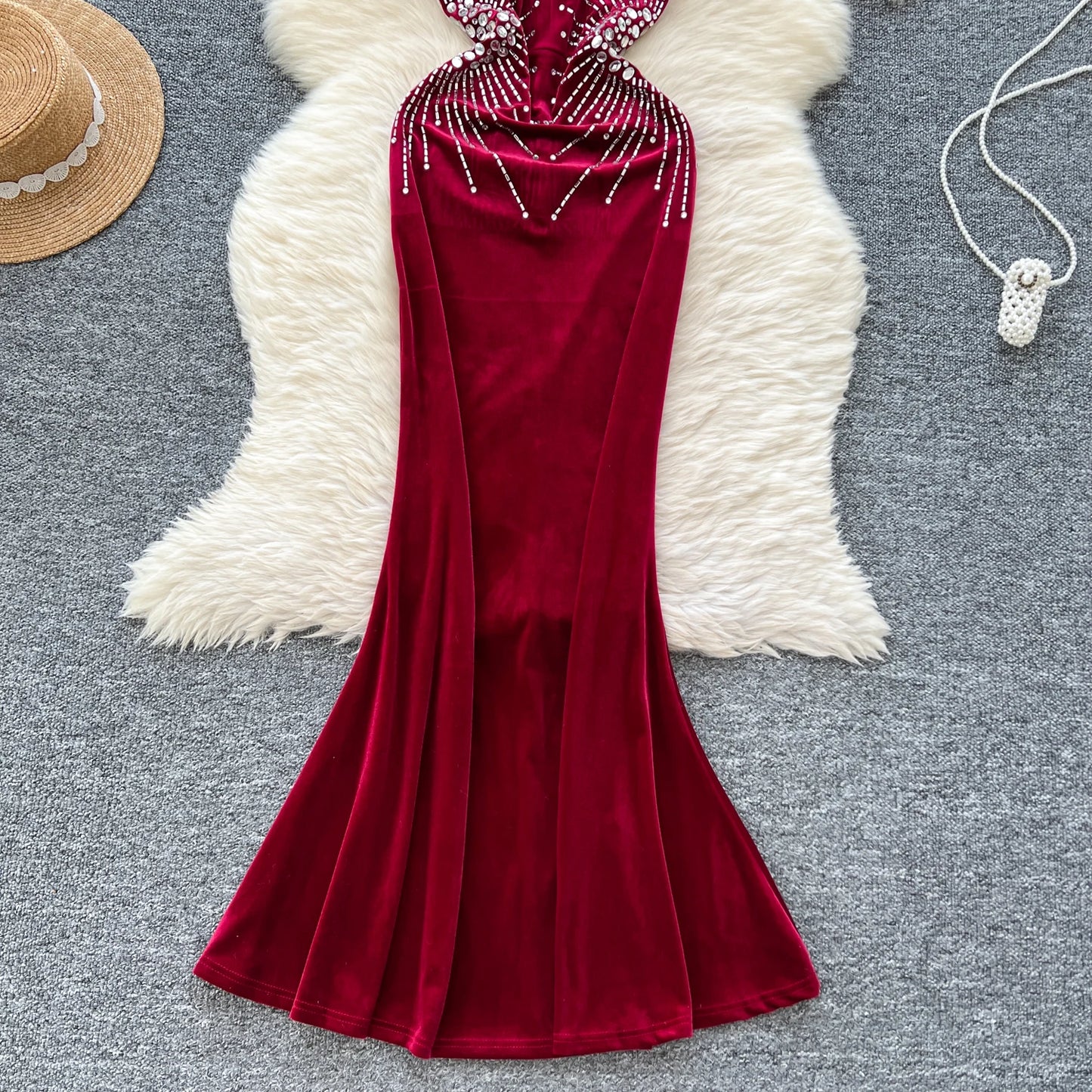 Evening Party Dress Spaghetti Strap Strapless Diamonds Design Women Elegant Fashion Bodycon Velvet Long Dress