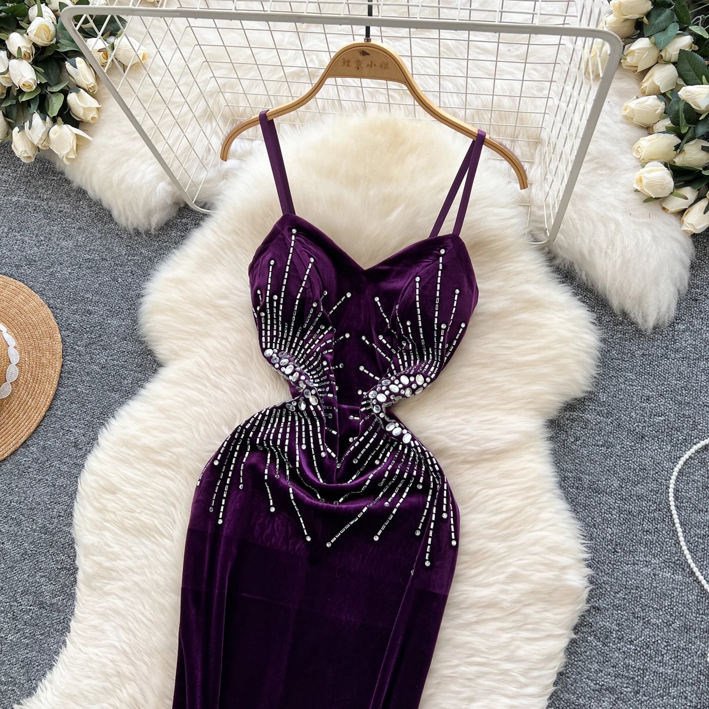 Evening Party Dress Spaghetti Strap Strapless Diamonds Design Women Elegant Fashion Bodycon Velvet Long Dress