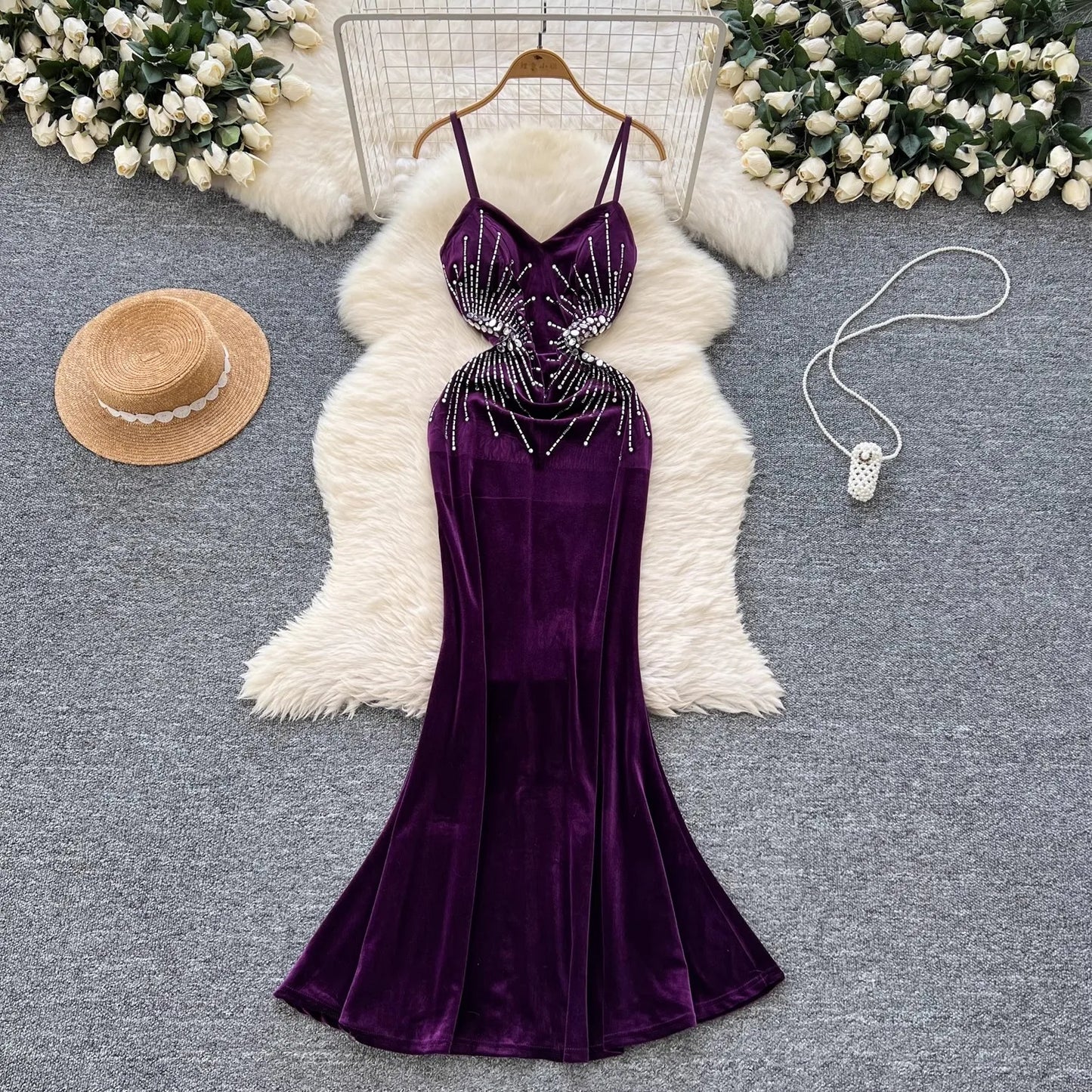 Evening Party Dress Spaghetti Strap Strapless Diamonds Design Women Elegant Fashion Bodycon Velvet Long Dress