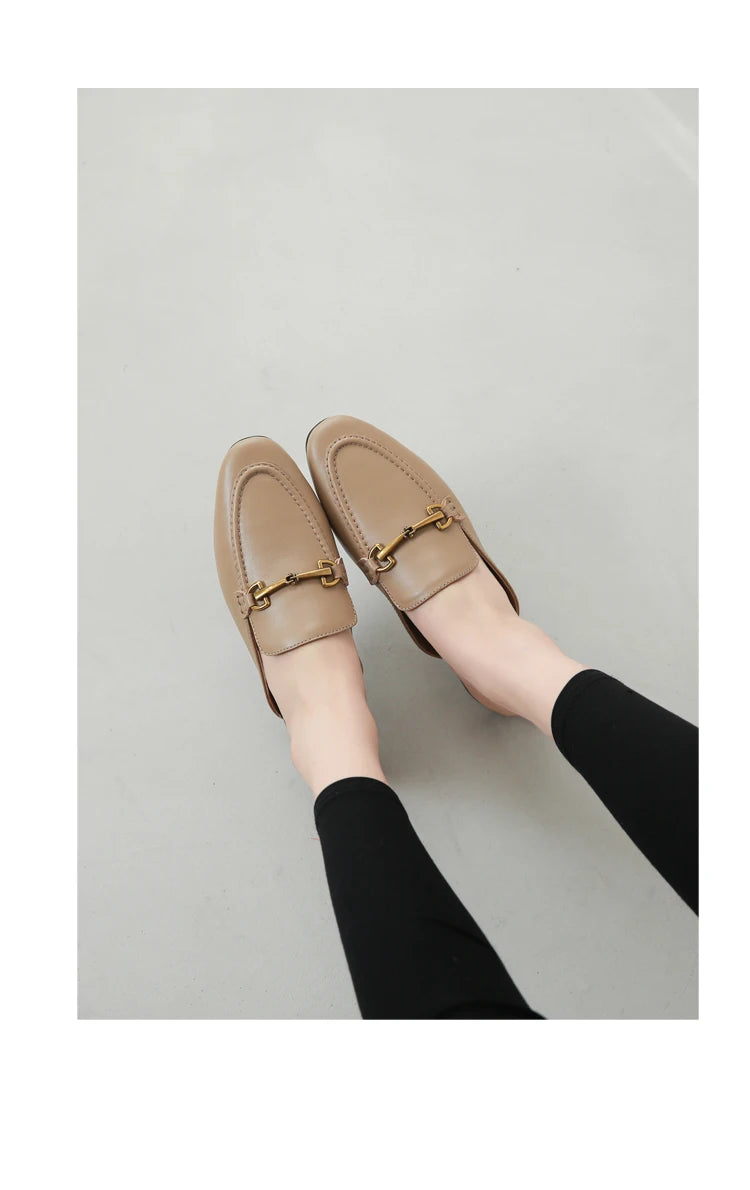 2024 New Spring Summer Fashion Buckle Design Women  Shoes Genuine Leather Flat Shoes Loafers Mules Simple Casual Women