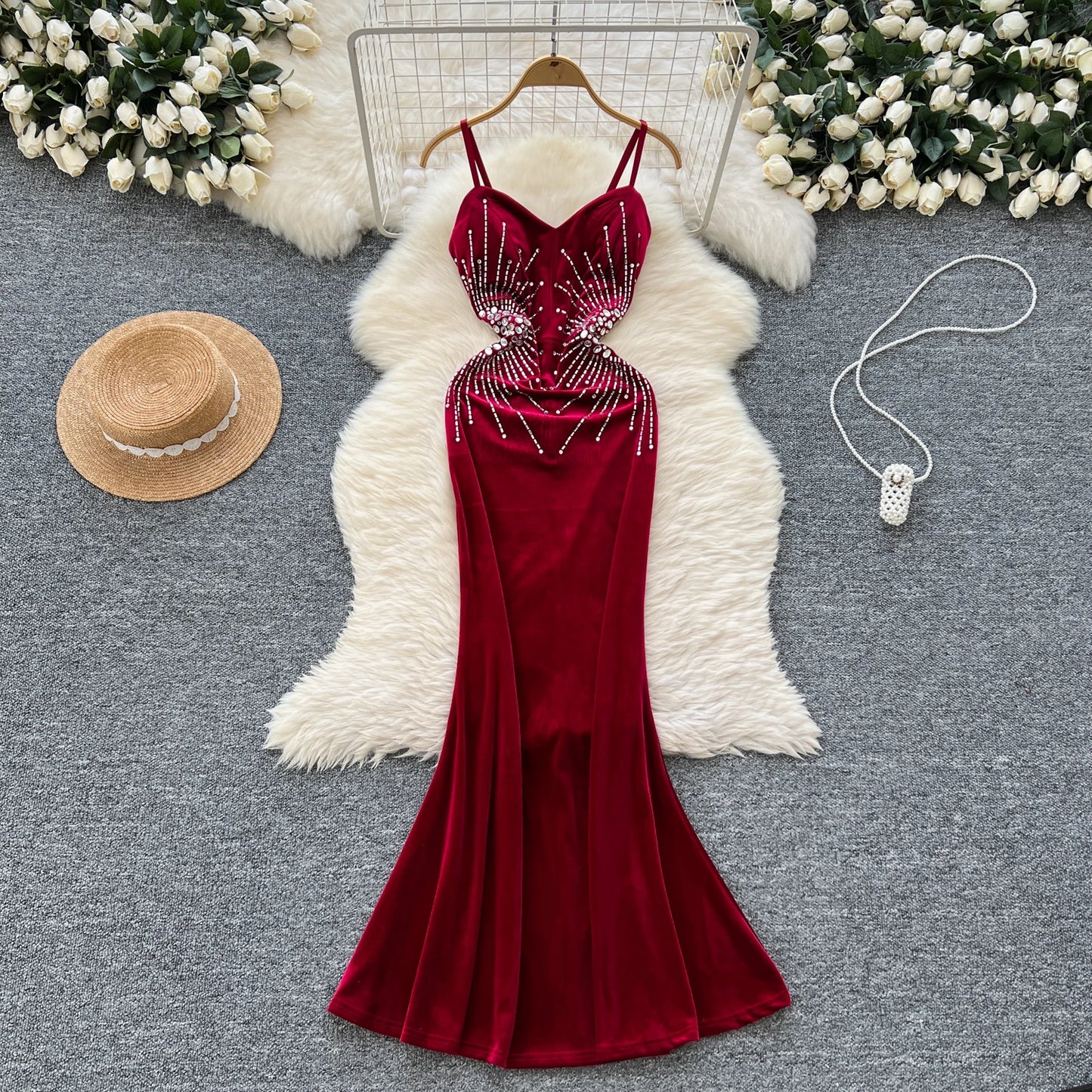 Evening Party Dress Spaghetti Strap Strapless Diamonds Design Women Elegant Fashion Bodycon Velvet Long Dress