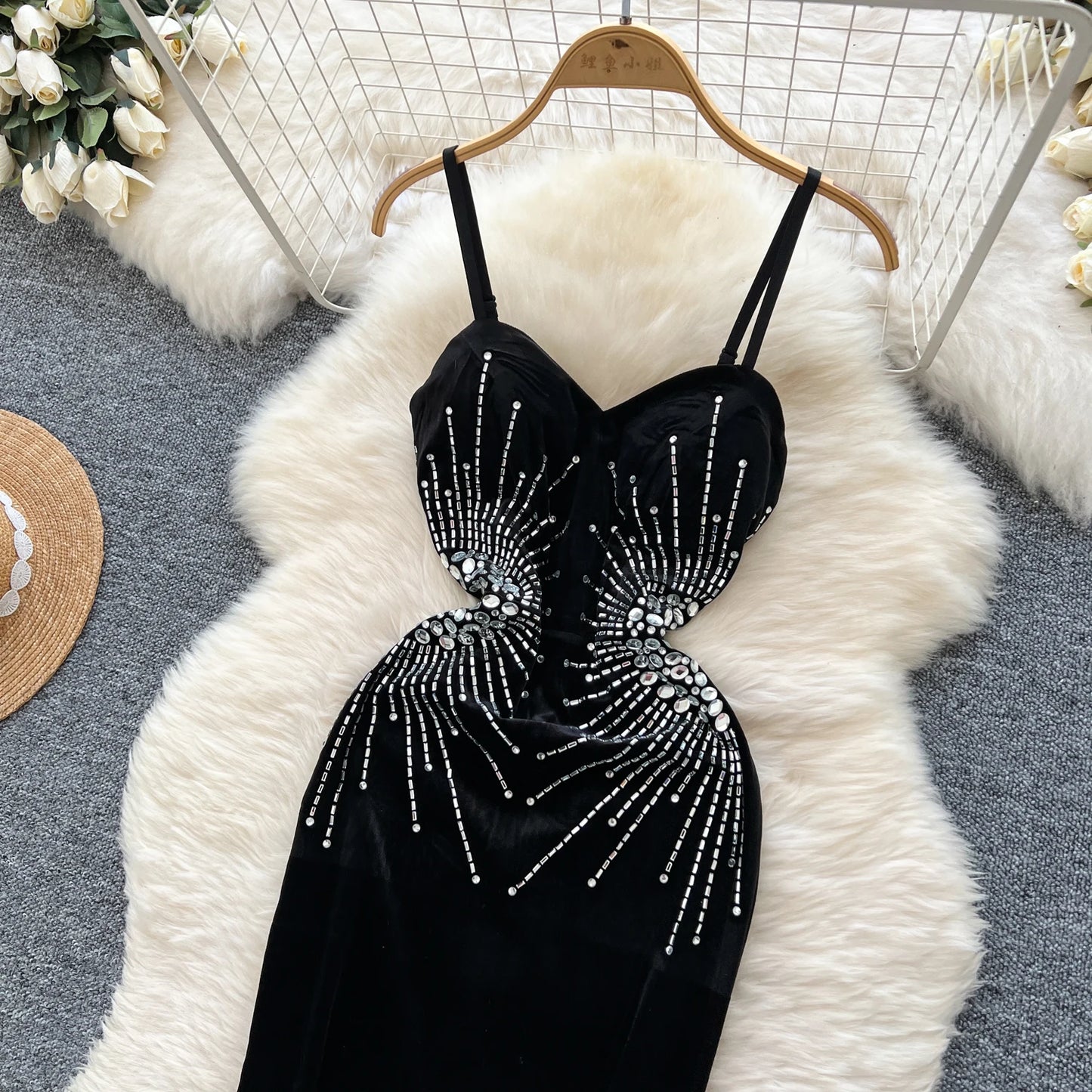 Evening Party Dress Spaghetti Strap Strapless Diamonds Design Women Elegant Fashion Bodycon Velvet Long Dress