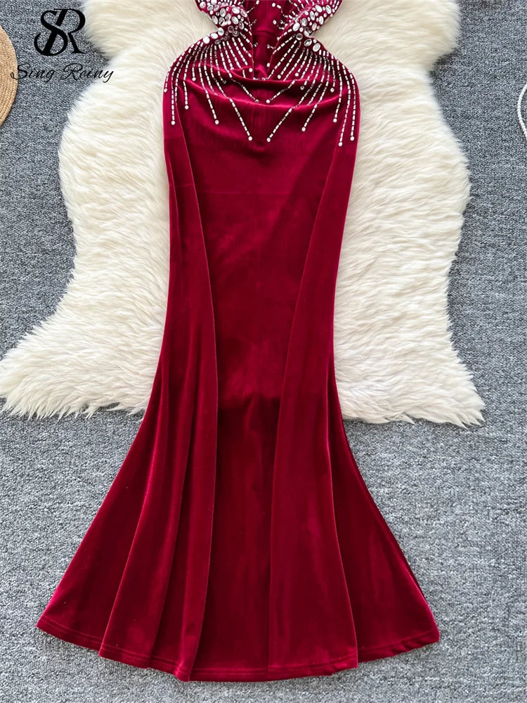 Evening Party Dress Spaghetti Strap Strapless Diamonds Design Women Elegant Fashion Bodycon Velvet Long Dress