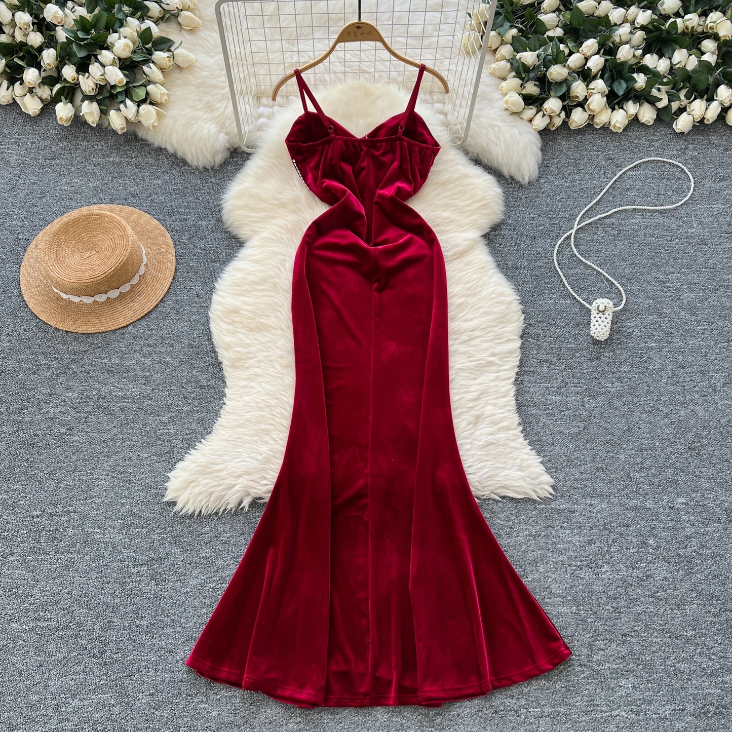 Evening Party Dress Spaghetti Strap Strapless Diamonds Design Women Elegant Fashion Bodycon Velvet Long Dress