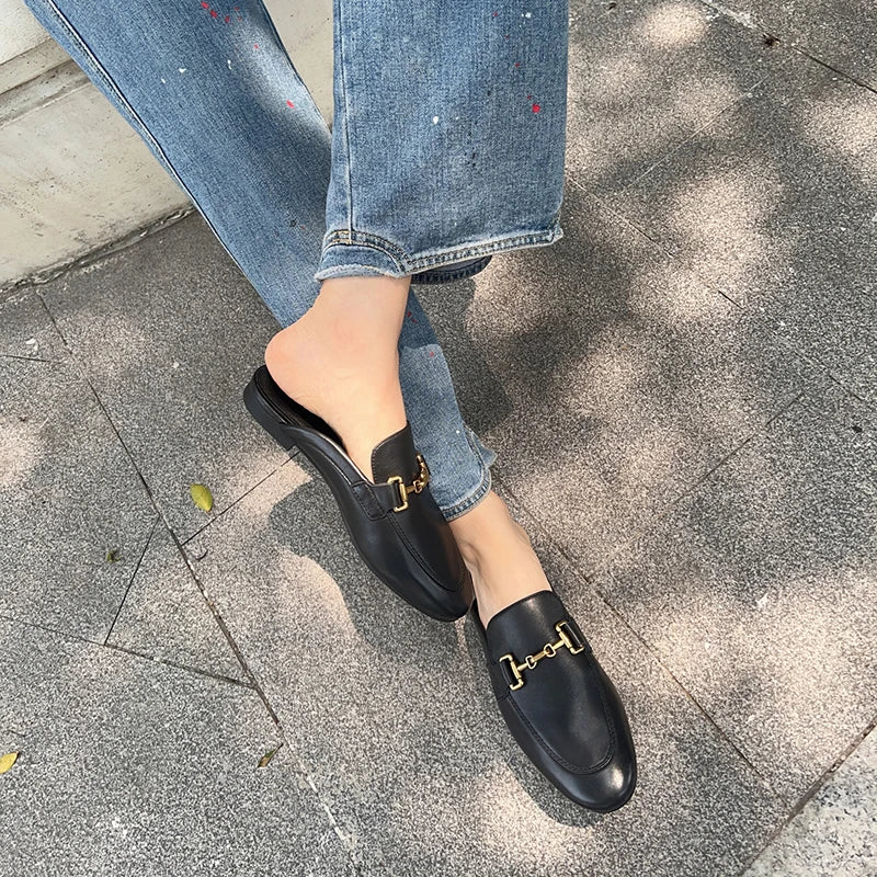 2024 New Spring Summer Fashion Buckle Design Women  Shoes Genuine Leather Flat Shoes Loafers Mules Simple Casual Women