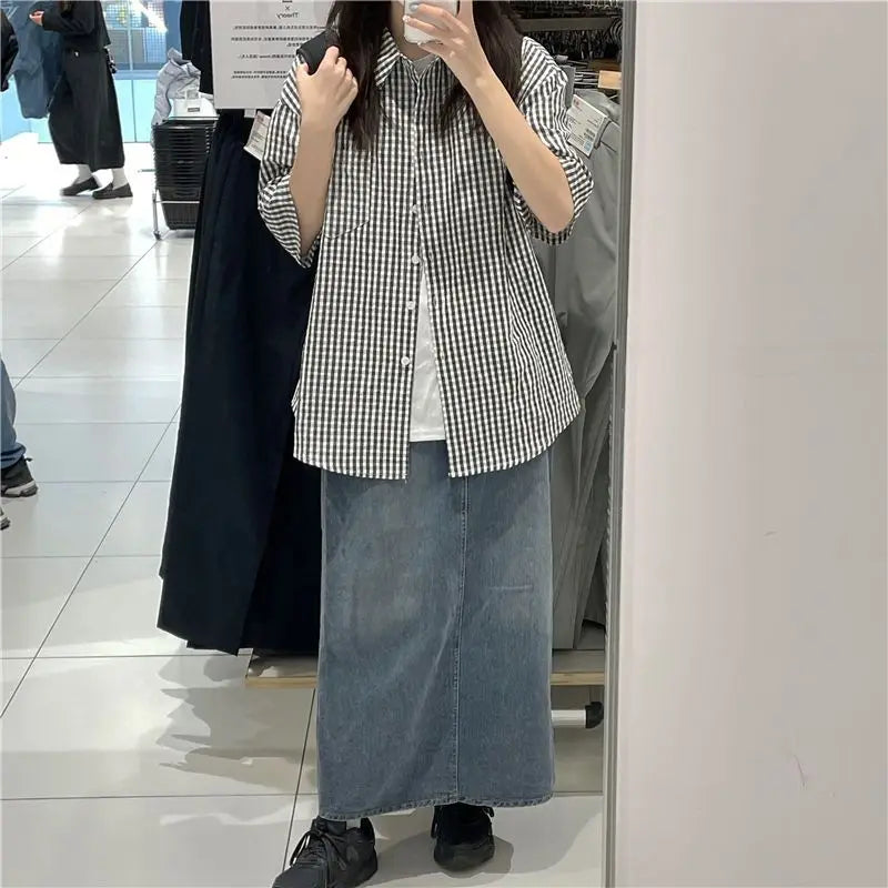 2023 Women's Clothing Elegant Fashion Office Lady Loose Turn-down Collar Short Sleeve Plaid Button Thin Summer Neutral Blouses