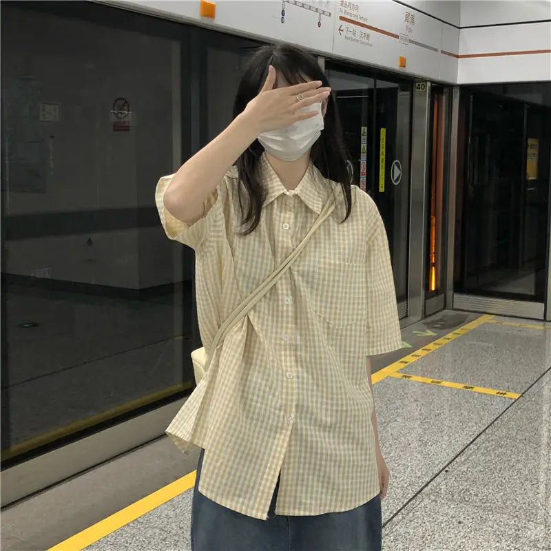 2023 Women's Clothing Elegant Fashion Office Lady Loose Turn-down Collar Short Sleeve Plaid Button Thin Summer Neutral Blouses