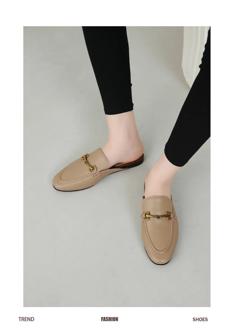 2024 New Spring Summer Fashion Buckle Design Women  Shoes Genuine Leather Flat Shoes Loafers Mules Simple Casual Women