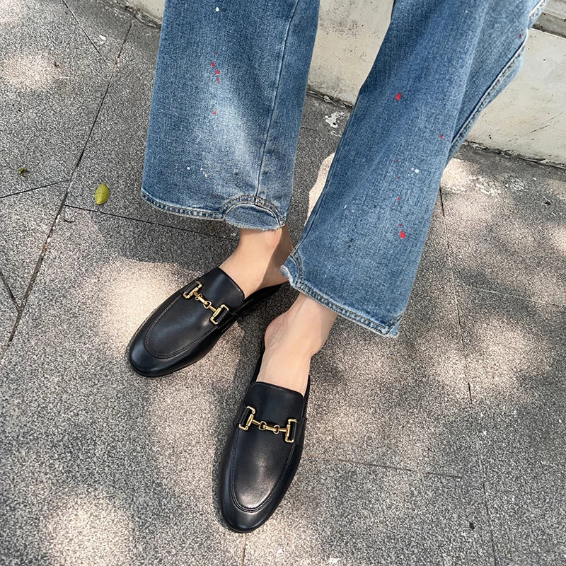 2024 New Spring Summer Fashion Buckle Design Women  Shoes Genuine Leather Flat Shoes Loafers Mules Simple Casual Women