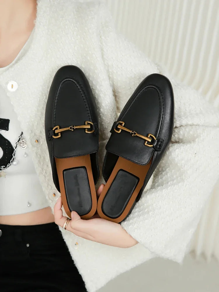 2024 New Spring Summer Fashion Buckle Design Women  Shoes Genuine Leather Flat Shoes Loafers Mules Simple Casual Women