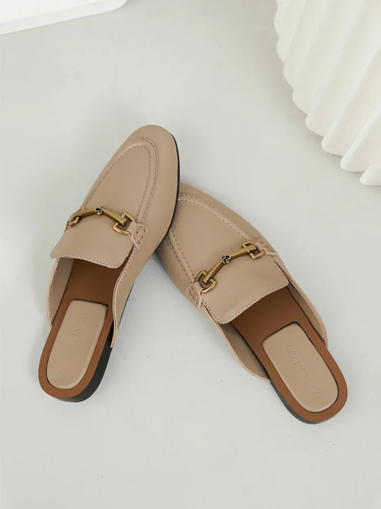 2024 New Spring Summer Fashion Buckle Design Women  Shoes Genuine Leather Flat Shoes Loafers Mules Simple Casual Women